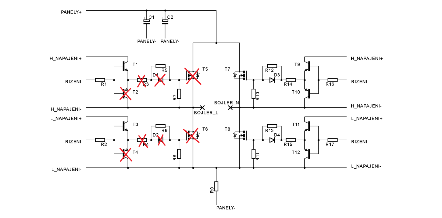 H můstek měniče s vyznačenými závadami