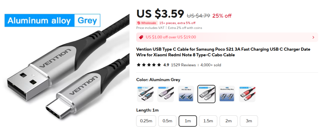 USB kabel do cestovní sady nabíječek.