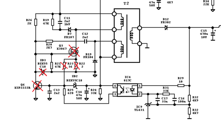 Schéma pomocného zdroje v ATX zdroji EVOLVE s vyznačenými vadnými komponenty.