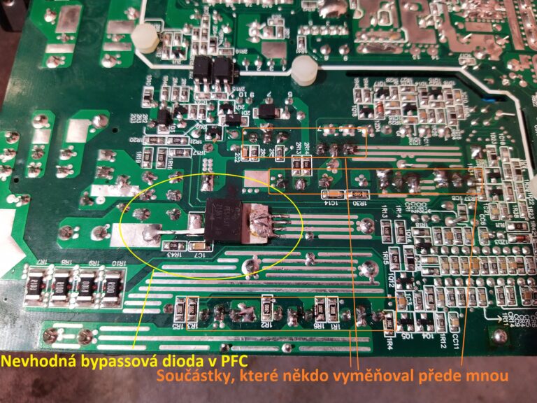 Nevhodná bypassová dioda PFC z předchozí opravy. Dále je patrné, že i další součástky někdo vyměňoval.