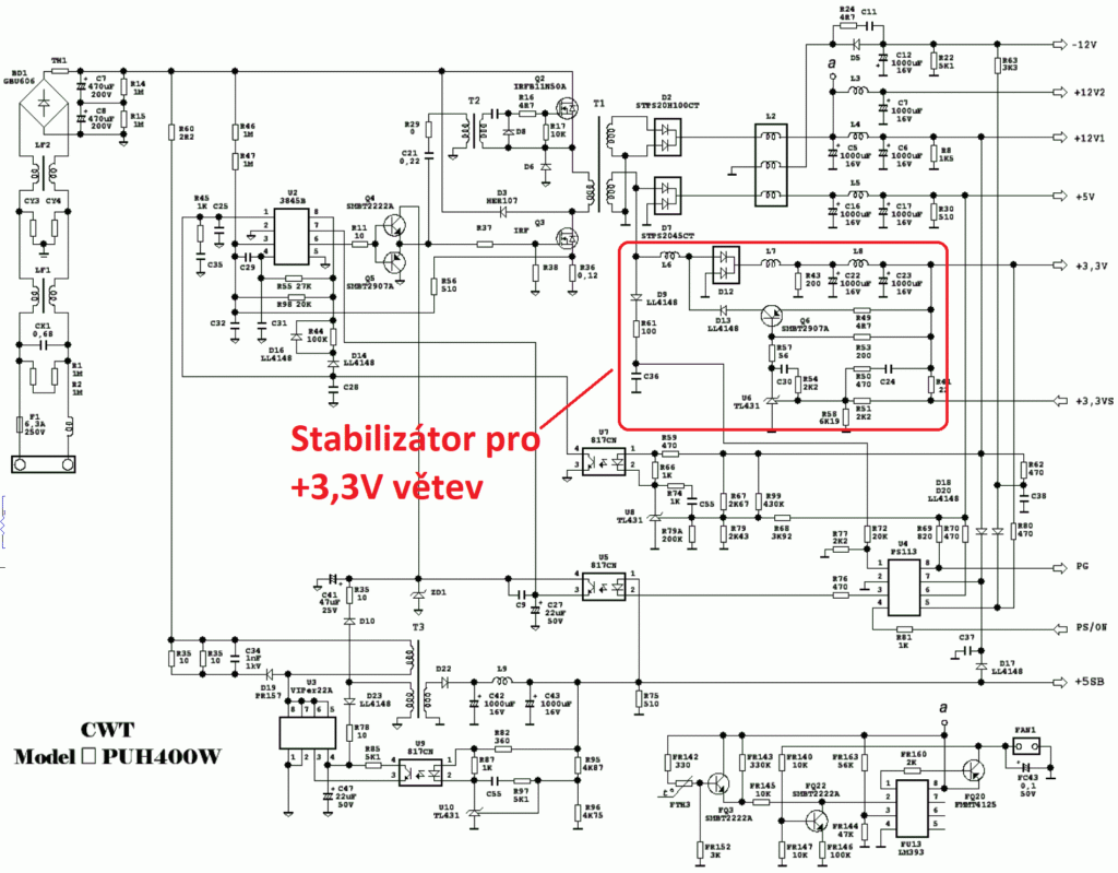 Schéma zdroje PUH400W od Danyka, ve kterém je velmi podobné zapojení stabilizátoru pro +3,3V větev.