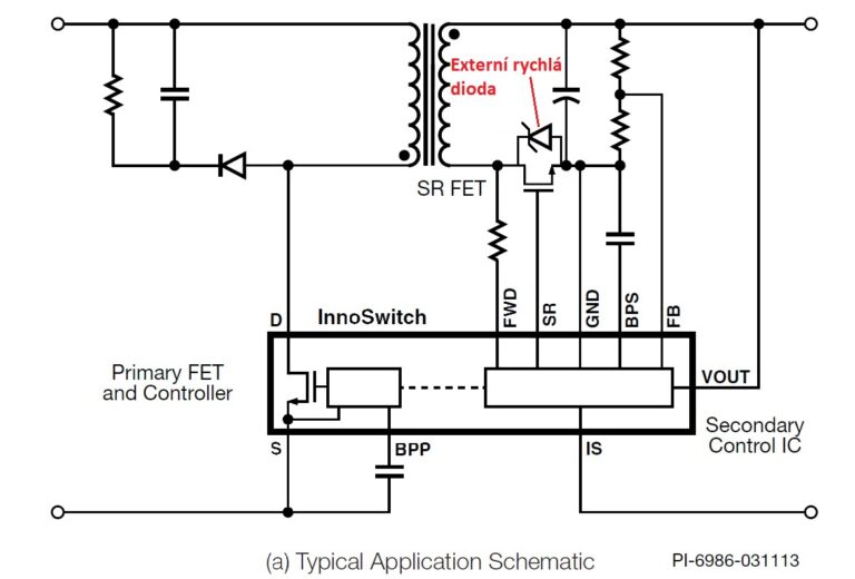 Katalogové zapojení obvodu SC1226K s vyznačenou externí rychlou diodou v synchronním usměrňovači. Výřez z datasheetu.