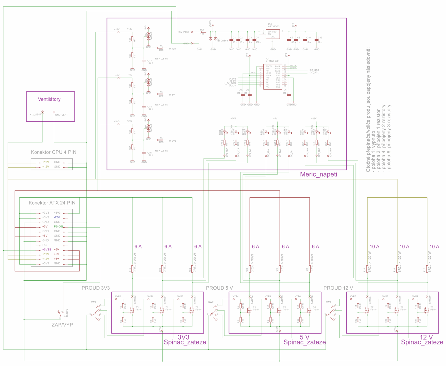 Kompletní schéma zapojení zátěžového testeru PC zdrojů.