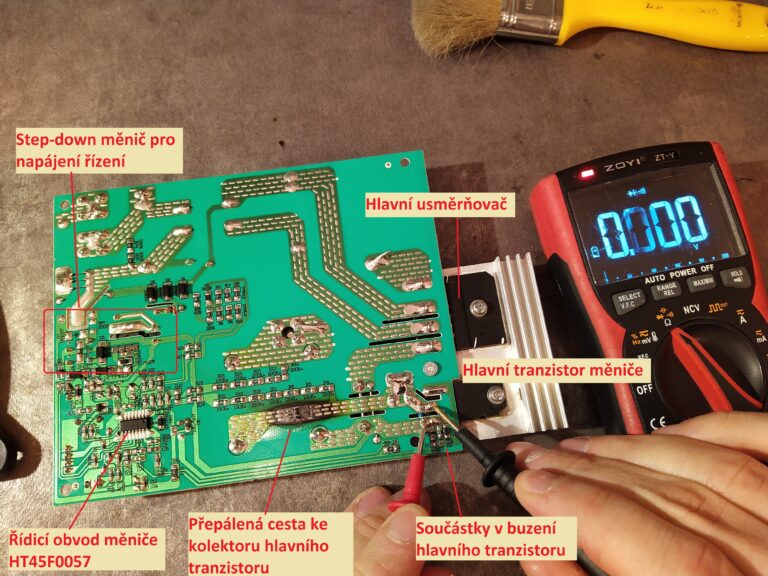 Kontrola hlavního tranzistoru měniče plus popis hlavních komponent měniče. Tranzistor je vadný.