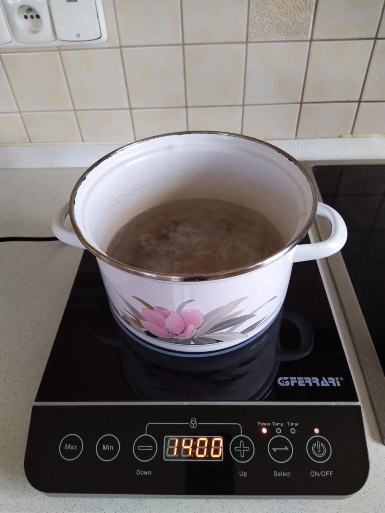 Testování indukčního vařiče G3Ferrari po opravě na výkon 1400 W. Vařič funguje jak má. Voda v hrnci už začala vařit.